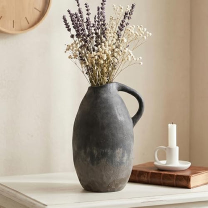 Rustic Ceramic Vase with Handle, 10.3 Inch, Handmade Decor - color: Black