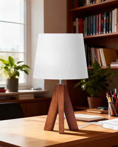 Tripod Table Lamp, Small Bedside Lamp with White Fabric Shade & Dark Wood Base, Modern Nightstand Lamp, Little Cute Desk Lamp for Bedroom, Kids Room, Living Room, Office, Study, LW51TL05 - color: White+Pearwood