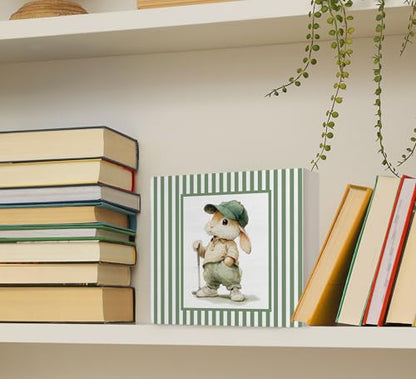 KU-DaYi Funny Bunny Golfer Gifts Wooden Box Sign, Sage Green Striped Golfing Wood Box Decorations for Kids Nursery Bedroom Room, Easter Rabbit Golf Wooden Block Plaque Desk Shelf Decor Accent 5x5 Inch