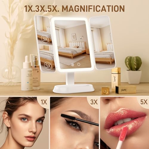 FRANO Trifold Makeup Mirror with Light, 3X/5X Magnifying Vanity Mirror, - color: White