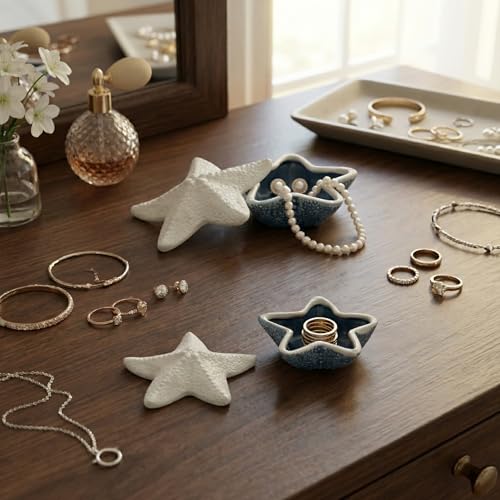 Snailhouse Starfish Shape Jewelry Box with Lid, Ceramic Decorative Small Trinket Ring Earring Necklaces Bracelet Dish Holder Bowl Tray Plate, Gifts for Women