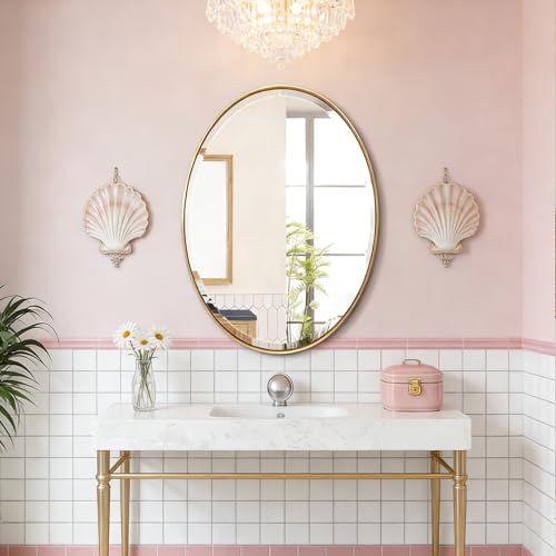 POZINO 28"x20" Brush Gold Oval Beveled Bathroom Mirror for Over Sink - color: Gold Round, size: 28"L x 20"W