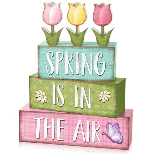 Marsui 4 Pcs Spring Table Decorations Tulip Flower Wooden Block Signs Pastel Tulip Tabletop Centerpieces Farmhouse Distressed Easter Spring Decor for Home Table Kitchen Shelf Tiered Tray Decor - color: Pastel, style: Spring