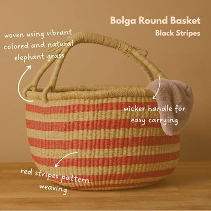 Large Round Woven Storage Basket with Handle, Red African Bolga Basket, 16" Wide - color: Red Stripes