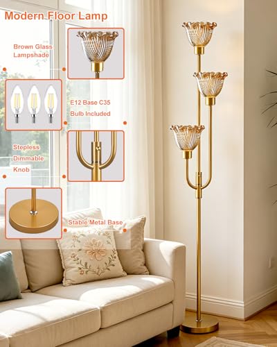 Glass Floor Lamp 66IN 3-Light Modern Amber Glass Gold Dimmable Floor Lamps - color: Amber Flower-Gold