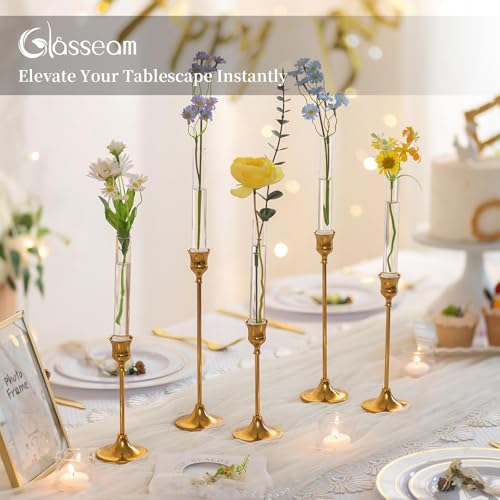 Glasseam 6 Pcs Glass Bud vase for Taper Candle Holder, Fit 22mm Candlestick - size: 5.9“ Tall