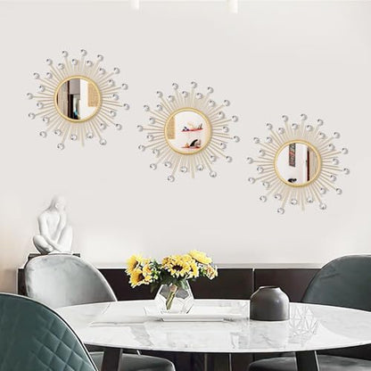 3 Pack Metal Mirrors for Wall Sunburst Wall Mirror Gold Crystal Home Accent - color: Gold Crystal