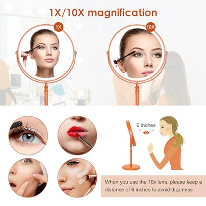 DEIOVWXS Makeup Mirror, Rechargeable Vanity Mirror with 3 Lights, 1X/10X - color: Orange