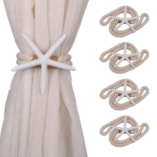 4PCS Starfish Curtain Tiebacks - Hand-Woven Rope Tiebacks for Indoor & Outdoor Decor, Perfect for Coastal Bedroom Curtains & Living Room Window Decor (White) - color: White