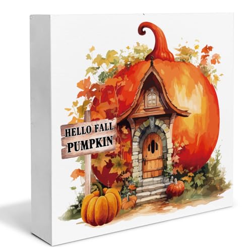 Fall Decor Hello Fall Wooden Box Sign Pumpkin Decorations Rustic Home Desk Shelf Tabletop Decor 5 x 5 Inches - color: Multicolor Hello