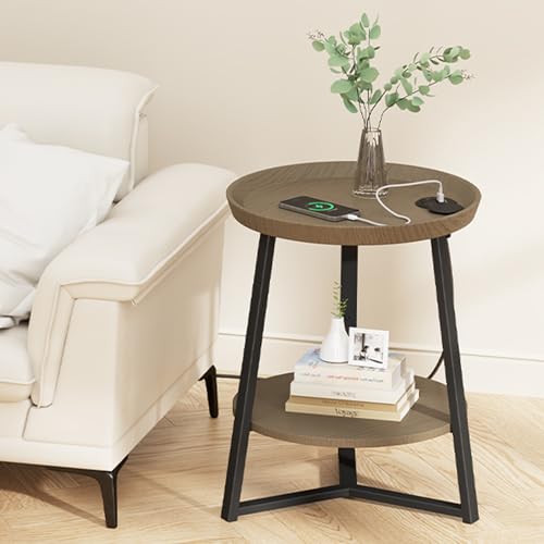 Gadroad Round End Table with Charging Station, Walnut Color - color: Walnut, size: 15.75"D x 15.75"W x 23"H (with Charging Station)