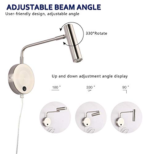 Joossnwell Wall Mounted Lamp, Sconce Light with Plug in Cords Wall Reading Light with Switch for Living Room Bedroom Warm White 3000K - color: Nickel-Plug
