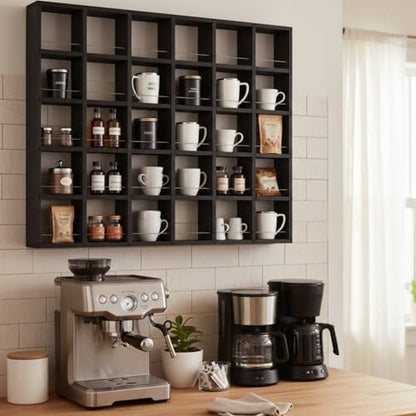 Kigley Oversize Coffee Mug Display Rack Wooden Shelves Rustic Shot Glass Display Case Travel Mug Shelf Wall Mounted Rack Holder Shadow Box(5 x 6,Black) - color: Black, style: 5 x 6