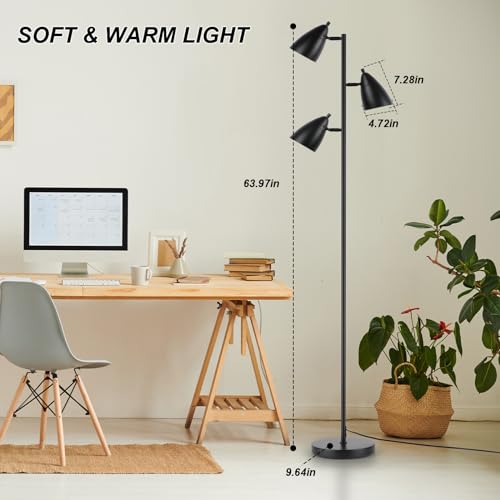 LALISU Tree Floor Lamp for Living Room, Industrial 3-Light Standing Lamp - color: Metal Black