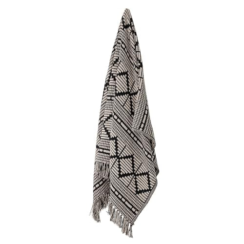 Bloomingville Soft Reclaimed Cotton Blend Throw with Diamond Pattern and Fringe, Black and Beige - color: Black and Beige