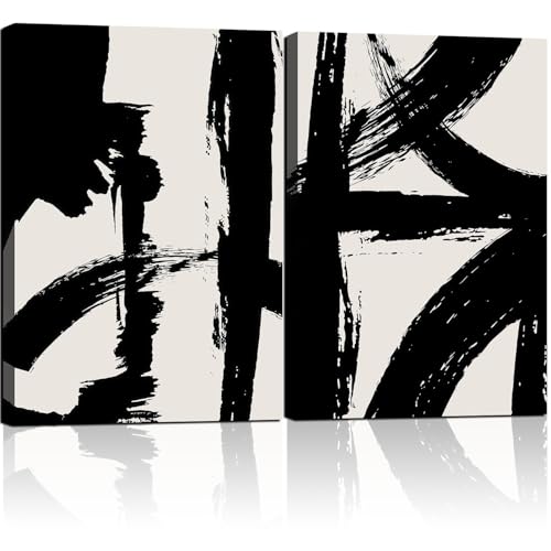 2Pcs Framed Abstract Black and White Canvas Wall Art Minimalist Brushstroke Line Prints Modern Home Gallery Style Painting Posters Picture Bedroom Living Room Office 12x16 Inch Ready to Hang - color: black and white Abstract lines-1, size: 12X16Inch