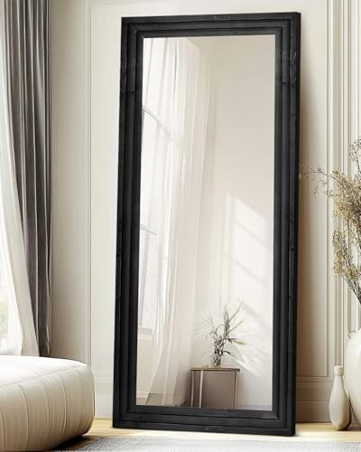 71x30in Full Length Mirror, 3-Tier Stepped Solid Wood Frame, Black - color: Black, size: 71"L x 30"W