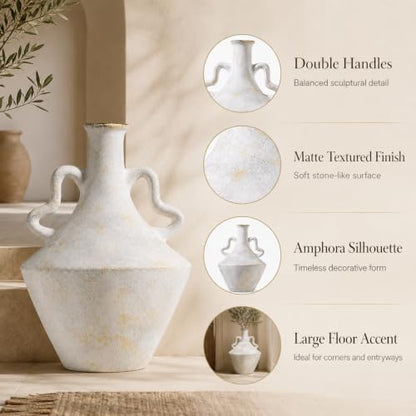 UPWOIGH 14in Distressed Ceramic Vase with Double Handles - color: Off-white, size: 14''