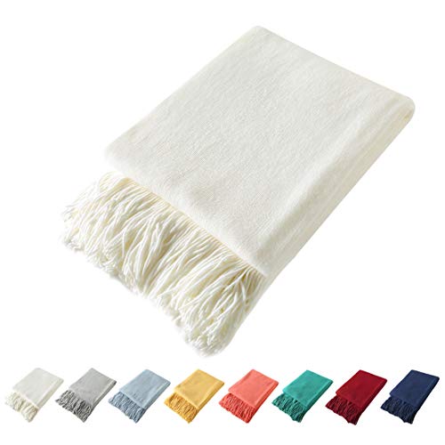 Homiest Ivory Knitted Throw Blanket with Fringe, 50x60 Inch - color: Ivory, size: 50" x 60"