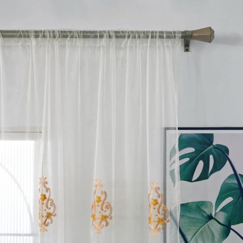 Amidoudou Rod Pocket Curtains European Luxury Sheer Embroidered Window Screening for Living Room Bedroom Tulle Curtains (Gold,52" W x 84" L (Pack of 2)) - color: Gold, size: 52"W x 84"L (Pack of 2)