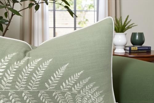 Rudransha Botanical Fern Leaf Embroidery Lumbar Pillow Cover - 14x24 Light Green Cotton - color: Light Green-ferny, size: 24" x 14" (Pack of 1)