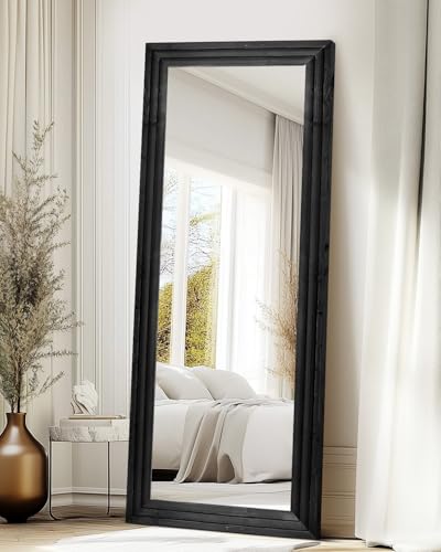 65x24in Full Length Mirror, 3-Tier Stepped Solid Wood Frame, Black - color: Black, size: 65"L x 24"W