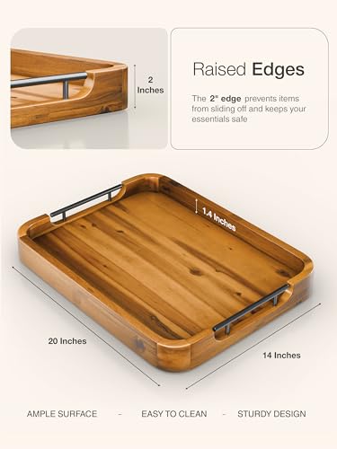 TIDITA 20"x14" Wooden Large Ottoman Tray, Serving Tray with Metal Handles - color: Acacia Color, size: 20" x 14" x 2"