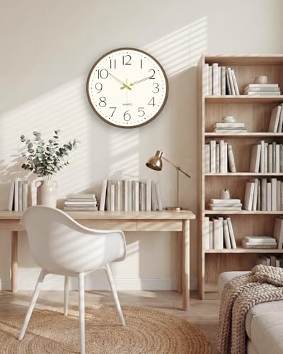 14 Inch Wall Clock, Silent Analog Clock Battery Operated - color: Brown Wood Grain, size: 14In
