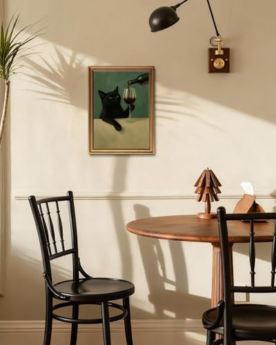 Vintage Gold Framed Wall Art Eclectic Black Cat with Wine Glass Prints - color: Drinking cat, size: 12"x16"