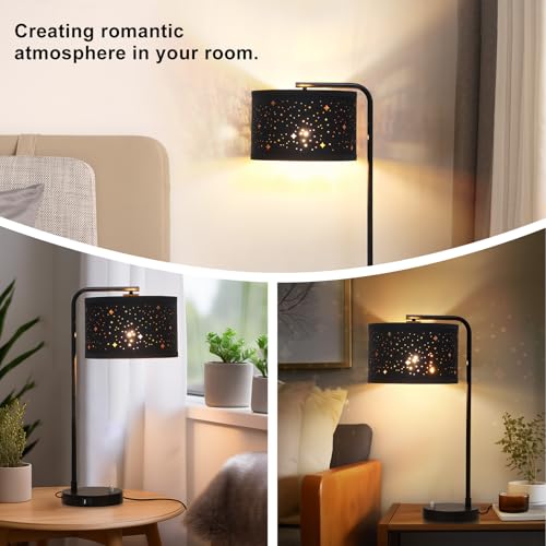 Bedside Table Lamp with USB C+A Ports, 25" Tall Fully Dimmable Side Lamp - color: Black Base with Stars Shade