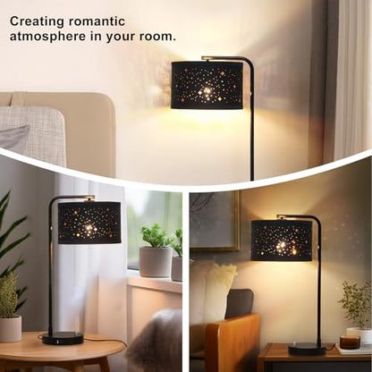 Bedside Table Lamp with USB C+A Ports, 25" Tall Fully Dimmable Side Lamp - color: Black Base with Stars Shade