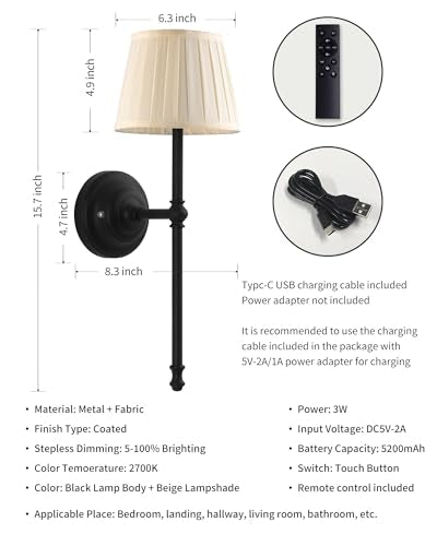 KDG Black Cordless Wall Sconces Set of 2, Beige Fabric LED Wall Lamps - color: Black + Beige Lampshde (2 Pack)