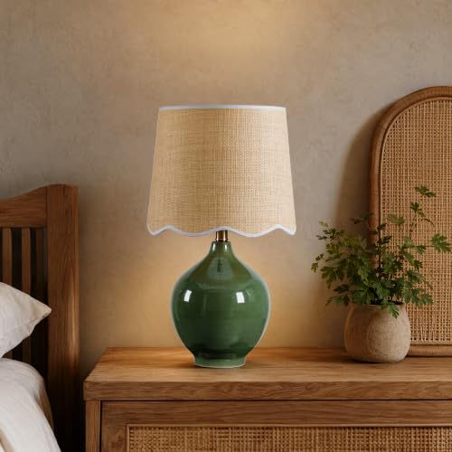 21"H Olive Green Ceramic Table Lamp with Beige Faux Rattan Drum Shade - color: Olive Green