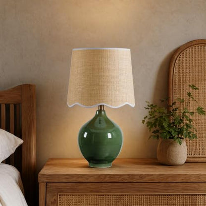 21"H Olive Green Ceramic Table Lamp with Beige Faux Rattan Drum Shade - color: Olive Green