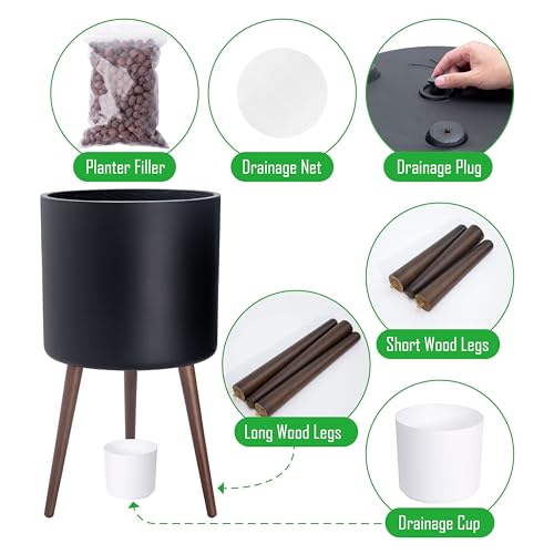 D'vine Dev 16 Inch Planter Pot with Wood Stand, Black, 88-O-E-2 - color: Matte Black, size: XX-Large
