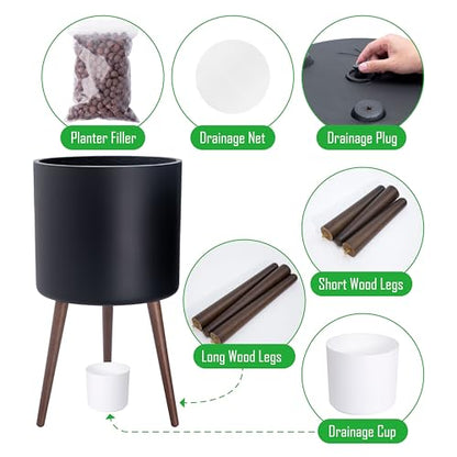 D'vine Dev 16 Inch Planter Pot with Wood Stand, Black, 88-O-E-2 - color: Matte Black, size: XX-Large