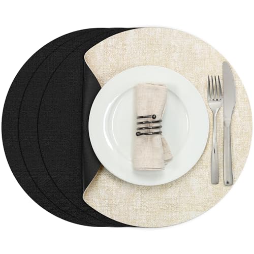 Myir JUN 14" Round Placemats Set of 4, Reversible Dual-Color Place Mats - color: Cream-white Black