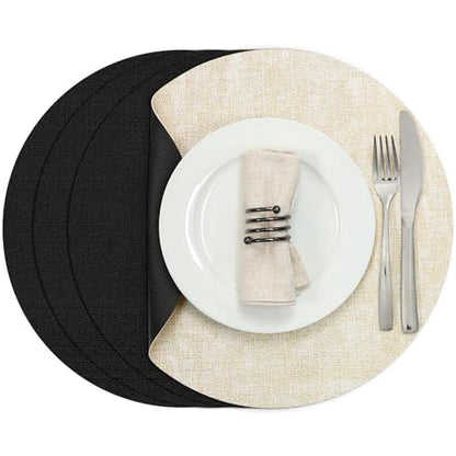 Myir JUN 14" Round Placemats Set of 4, Reversible Dual-Color Place Mats - color: Cream-white Black