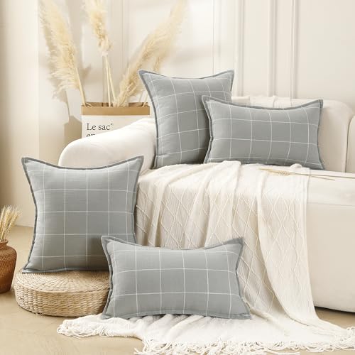 Pure Linen Plaid Throw Pillow Covers 18x18, Set of 2, Silver Gray - color: Silver Gray, size: 18x18inch