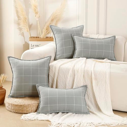 Pure Linen Plaid Throw Pillow Covers 18x18, Set of 2, Silver Gray - color: Silver Gray, size: 18x18inch