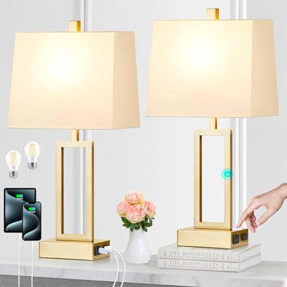 Lolikit 23.5" Touch Control Table Lamps, Metal Bedside Lamp for Bedroom Set of 2 with USB A+C Ports & AC Outlet, 3-Way Dimmable Nightstand Lamp for Living Room (LED Bulb Included) - color: Gold - 23.5"H
