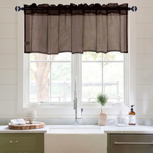 DWCN Sheer Valance, Semi Vole Curtain Valance for Cafe, Bedroom, Basement, Rod Pocket Linen Look Drapes, 1 Panel, Brown, 42 by 18 Inches Long - color: Brown, size: 42"W x 18"L (Pack of 1)