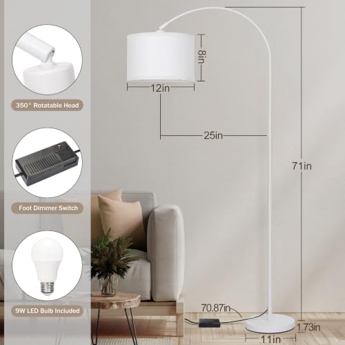 Dimmable Arc Floor Lamp，Standing Lamp with White Adjustable Hanging Shade - color: White
