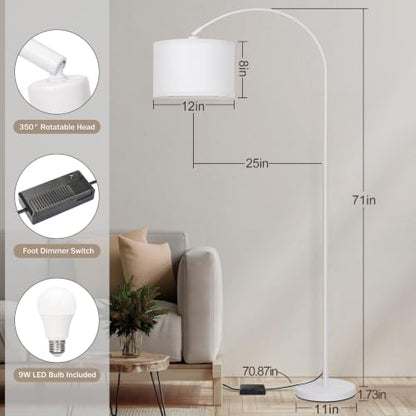 Dimmable Arc Floor Lamp，Standing Lamp with White Adjustable Hanging Shade - color: White
