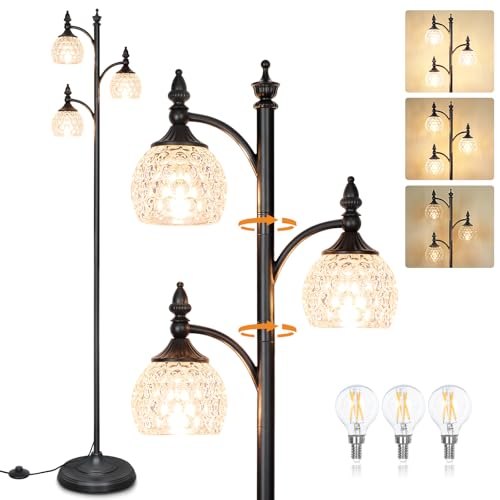 JUNNAI Glass Floor Lamp 66.5in Black Standing Lamps for Living Room with 3 Brightness Lights Vintage Retro Corner Lamp for Bedroom Office(3LED Bulbs Included) - color: Black-3