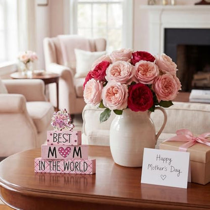 Smile 4 Pcs Mother's day Indoor Wooden Decor, Best Mom In the World Tiered Tray Farmhouse Table Decoration for Home and Office - style: Motherday