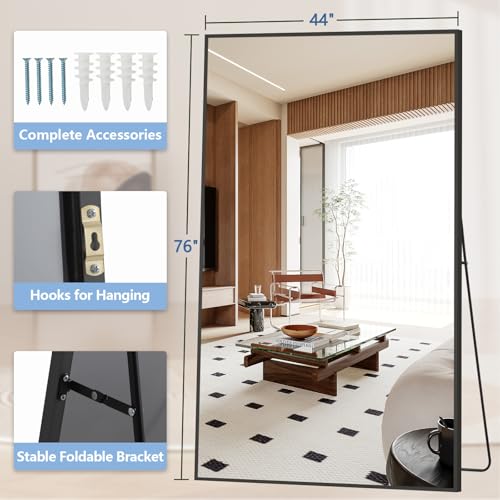 MirrMuse Oversized Standing Mirror Full Length, 76"X44" Extra with Stand - color: Black, size: 76"L x 44"W