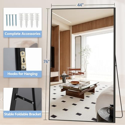 MirrMuse Oversized Standing Mirror Full Length, 76"X44" Extra with Stand - color: Black, size: 76"L x 44"W