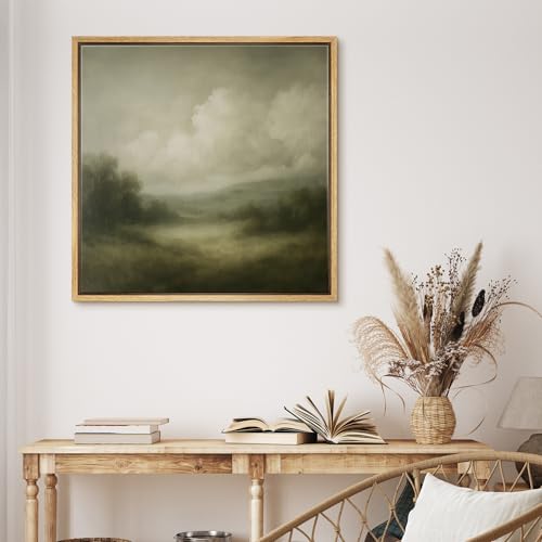 MUDECOR Framed Canvas Print Wall Art Peaceful Cloudy Meadow in Soft Green Tones Illustrations Modern Art Group Colorful for Living Room, Bedroom, Office - 16"x16" Natural - color: B09-2507-sar13, size: 16"L x 16"W
