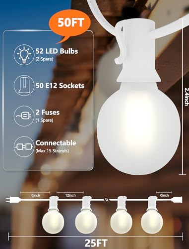 SUNSGNE White String Lights Outdoor, 50FT White Outdoor Lights with 52 G40 LED Frosted Shatterproof Bulbs(2 Spare) for Balcony Patio Tent Backyard Bistro Cafe Christmas Decor - color: Frosted White-White, size: 50FT